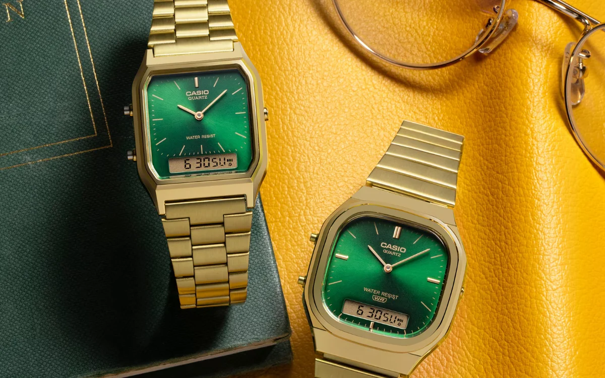 Casio wprowadza dwie przystępne cenowo zegarki Vintage z zielonymi tarczami i złotymi bransoletami